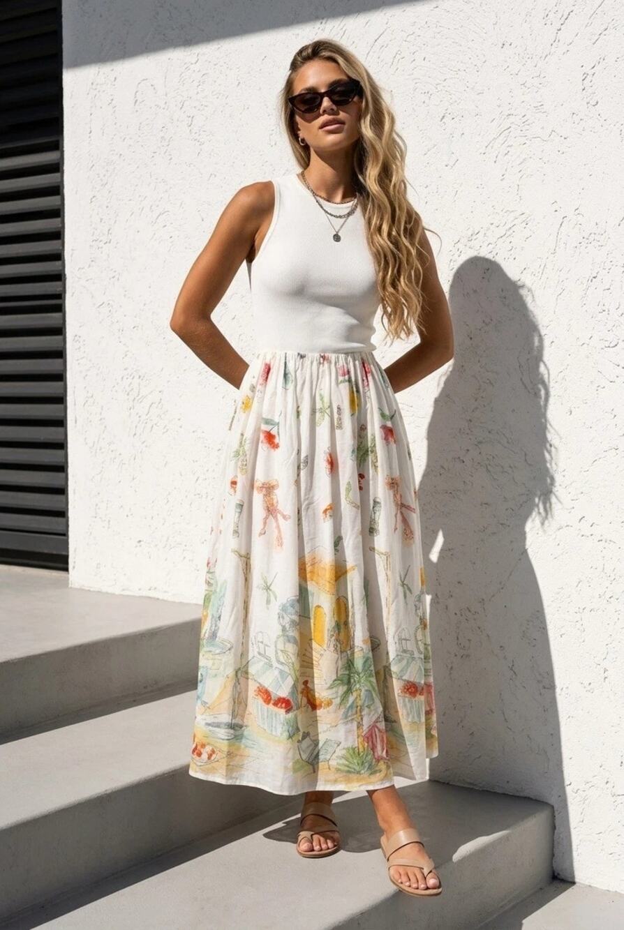 Moon River Coastal Print Sleeveless Knit A-Line Midi Dress White Women's Size L